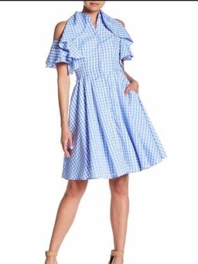 Alton Gray Blue Gingham Picnic Cold Shoulder Dress Size 12